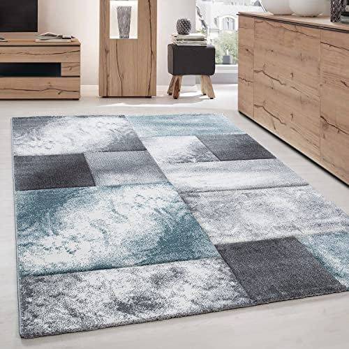 Carpettex Teppich Wohnzimmer Kurzflor 80 x 150 cm Läufer Flur Teppich Modern Kariert Design Blau - Teppich Bettvorleger Schlafzimmer Weich Flauschig Waschbar Küchenläufer - Esszimmer Teppiche