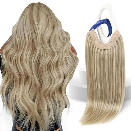 Sunny Hair Wire Hair Extensions Real Human Hair Softness 18 Inch 85G Color 16/22 Golden Blonde Highlights Medium Blonde Invisible Transparent Line Adjustable Secret Fish Line Hairpiece Easy to Wear