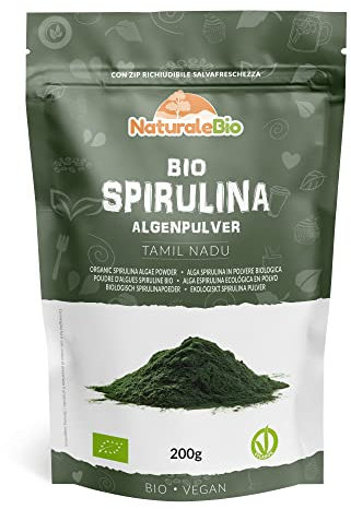 NaturaleBio Alga Spirulina Biologica in Polvere 200g. Bio, Naturale e Pura, Coltivata nelle regioni tropicali dell'Asia. Ideale in bevande, frullati o per Ricette. Adatta a Vegetariani e Vegani.