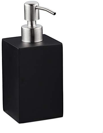 Relaxdays Seifenspender 300 ml, nachfüllbar, Bad, Küche, schwarz | Flüssigseifenspender eckig, Polyresin, Edelstahlpumpe