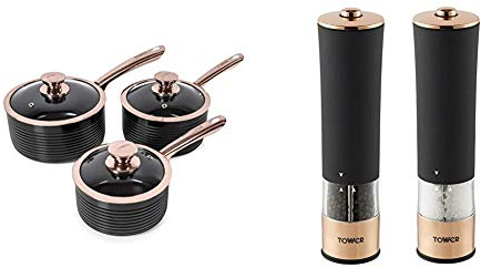 Tower T800001RB Saucepan Set, Aluminium, Black and Rose Gold & Electric Salt and Pepper Mill, Stainless Steel, Soft-Touch Body, Rose Gold and Black