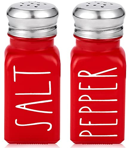 Brighter Barns - Juego de salero y pimentero rojo – Decoración de cocina roja de granja y accesorios para el hogar, restaurantes, bodas – Bonito juego de coctelera de cristal rojo de Navidad y tapa de