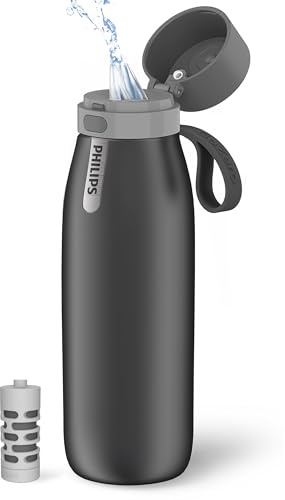 PHILIPS Water GoZero Everyday Insulated Stainless Steel Water Bottle Everyday Tap Water Filter BPA Free Transform Tap Water into Healthy Tastier Water Keep Drink Hot/Cold, 32 oz, Grey