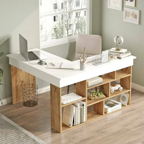 Dmora - Scrivania Angete, Scrittoio multiuso, Tavolo per ufficio porta PC, Piano di lavoro, 129x120h72 cm, Quercia e Bianco