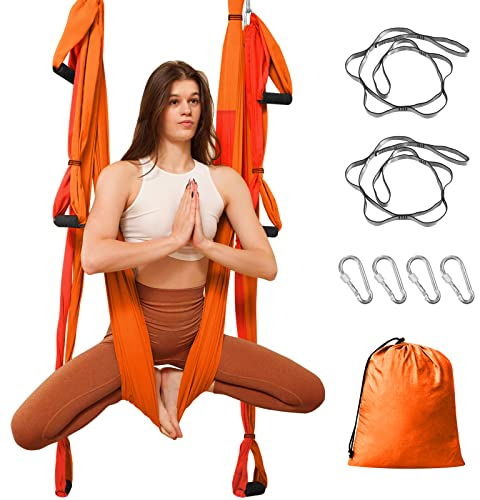Leogreen Yoga Hängematte, Aerial Yoga Schaukel, Anti-Schwerkraft Yoga Pilates, mit 6 Griffen, Nylon-TAFT, bis 300 kg belastbar (Orange und Rot)