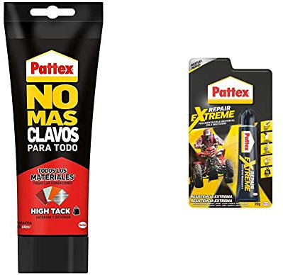 Pattex No Más Clavos Para Todo HighTack, adhesivo de montaje resistente a temperaturas extremas + Repair Extreme, pegamento multiusos que no contrae,