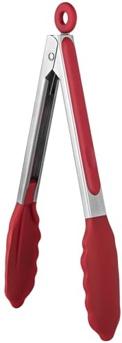 U-Taste 23 cm Silikon-Küchenzange 315℃ hitzebeständige Kochzange mit fest versiegelten Antihaft-Gummispitzen & silikonbeschichtetem Stahlgriff & glatter Verriegelung zum Servieren von Grillsalat (Rot)
