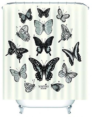 EHOMERY Duschvorhang Dachschräge Badewanne Duschrollo Retro Schmetterling Polyester Schwarz-Weiss Rostfreie Ösen Und 12 Hakenringe, 160X180Cm