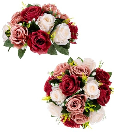 BLOSMON Boules de fleurs pour centre de table de mariage : lot de 2 boules de roses artificielles pour compositions florales, décorations d’intérieur, de table, de fête (bordeaux, rosé et blanc)