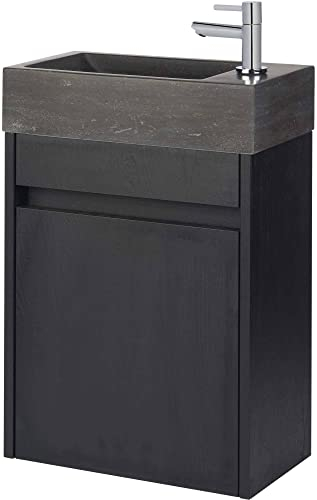 Saqu Florence Gäste WC Waschbecken mit Unterschrank Vormontiert - in Schwarz-Eiche mit Natursteinwaschbecken und Chromarmatur rechts - Kleines Gäste WC Bad Möbel mit Waschtisch