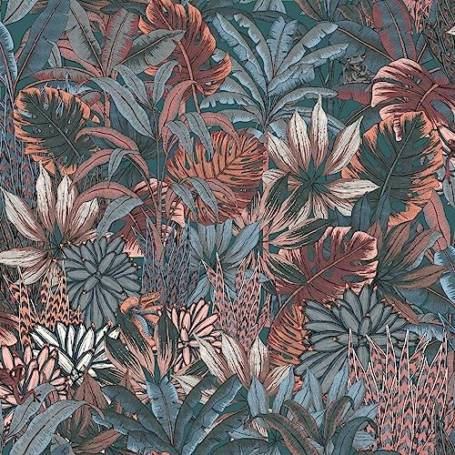 Muriva Lush Forest Wallpaper - Modern Wallpaper for Living Room, Bedroom, Fireplace - Metallic Decorative Luxury Wall Paper with Jungle Creatures Hidden with Tropical Foliage (Deep Teal)