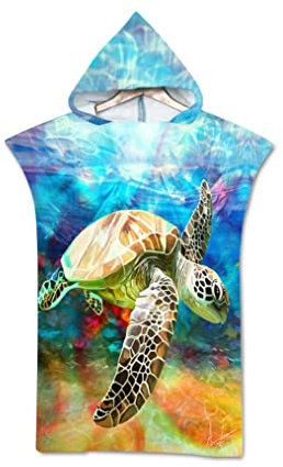 YATOLA Handtuch-Poncho Meerestiere Schildkröte Umziehhilfe Handtuch, Surf Poncho für Damen Herren, Bademantel mit Kapuze Badeponcho Badetuch für Schwimmen Sport Surfing Tauchen (Blau3 75x110CM)