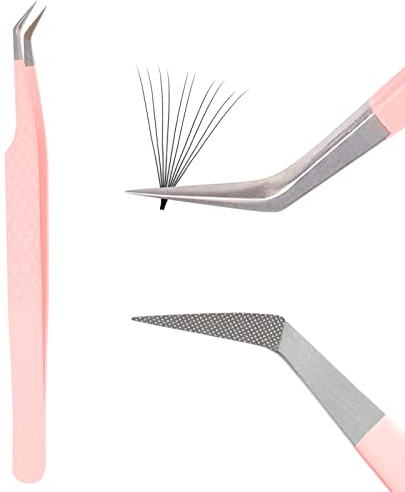 Franspincett fiberspets inga luckor rostfritt stål rosa ögonfrans förlängning pincett för volym enkla fläktar hög precision bra grepp professionella ögonfransförlängningar applikationer (45 graders