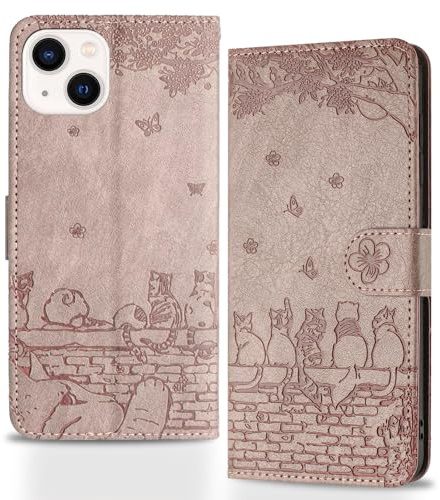 Butnyeoe for iPhone 14 Phone Case with Card Holder and Strap Magnetic, iPhone 13 Flip Case for Women Cute Cats Leather Wallet Cover-Smoky Plum/Purple