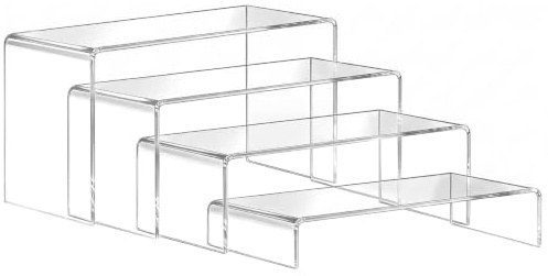 Viymgit 4Pcs Acrylic Risers, Clear Rectangular Tiered Display Stand, Tabletop Display Riser Shelf for Collectibles Jewelry Funko Pop Figures Toys Cupcake Dessert Decorations