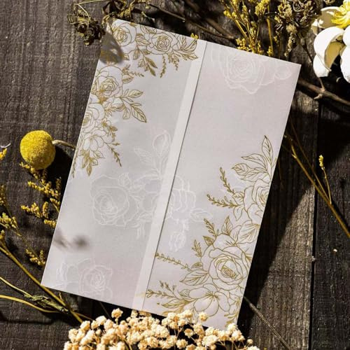 Puremigo Confezione da 50 giacche in pergamena prepiegate per inviti da 12,7 x 17,8 cm, motivo lamina dorata, carta pergamena da 115 g/m², giacche da 12,7 x 17,8 cm, buste per inviti di nozze