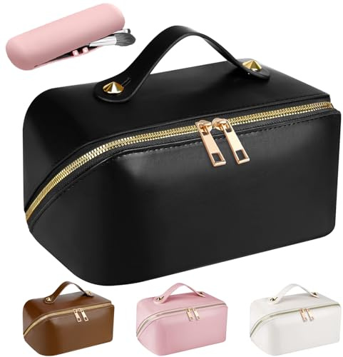 Kosmetiktasche Reise Damen,Make Up Tasche mit Groß Kapazität,PU Leder Portable Schminktasche Kulturtasche Organizer,Beauty Case für Reisezubehör Travel Essentials Women(Glatt-Schwarz)