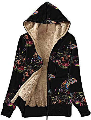 Générique Sweat Polaire Femme Pardessus Épaissi pour Femmes Imprimé Papillons à La Mode Polaire Doublé à Capuche Hiver Sweat Veste Manteau avec Poches Latérales