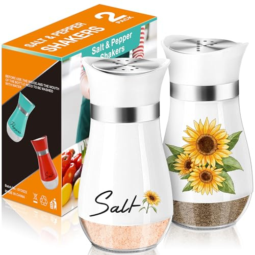 Arrozon Sunflower Salt and Pepper Shakers Set - 4oz Farmhouse Cute Kitchen Decor and Accessories Sunflower Gifts for Salt Shakers Glass Cooking Table,Housewarming,Thanksgiving,Christmas | Sunflower Glass Shakers Add Farmhouse Charm to Kitchen Tables And Suit Housewarming Gifts, Thanksgiving And Christmas Decor.