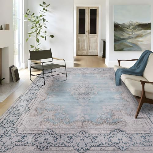 TALETA Teppich Wohnzimmer waschbar rutschfest, Kurzflor Teppich Schlafzimmer, Vintage Teppich orientalisch, Carpet Living Room, Groß: 140 x 200 cm, blau