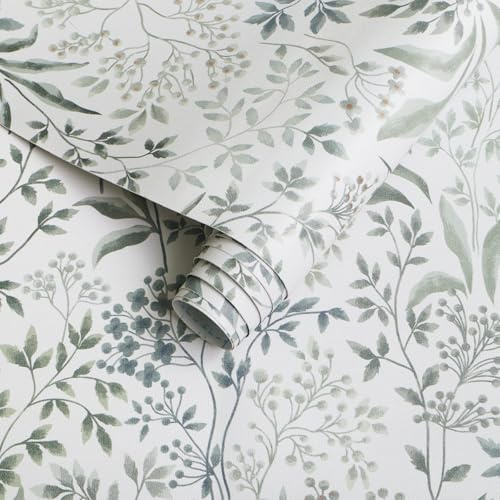 Yomshi Papier peint autocollant à décoller et à coller - Motif floral vert - 41 x 300 cm - Papier peint botanique imperméable en vinyle pour salon, chambre à coucher