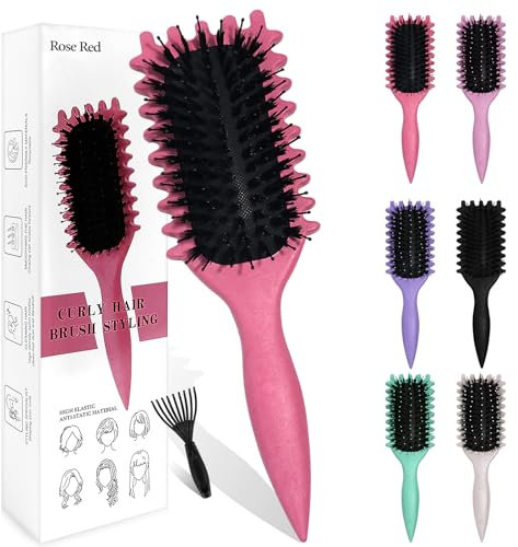 Sularpek Curly Hair Brush, Curl Defining Brush, Shaping Curls Boar Bristle Styling Hairbrushes for Women and Men (Rose Red)