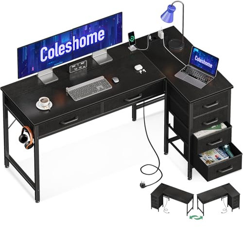 Coleshome Eckschreibtisch mit 6 Schubladen, 126x80cm Schreibtisch L Form mit Steckdose, PC Tisch und Computertisch mit Stauraum, Umkehrbarer Bürotisch fürs Schlafzimmer, Schwarz