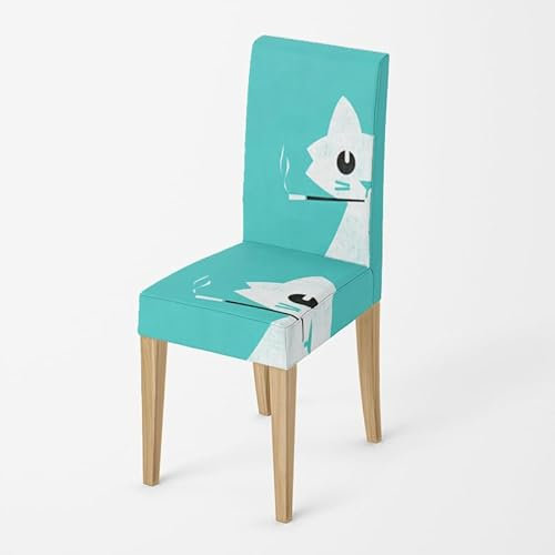 Stuhlhussen Weiße Katze Türkis Stuhlhussen Schwingstühle Stretch Weiche Elasthan Hussen für Stühle Waschbar Stuhlbezug Abnehmbare Stuhlhussen 2er Set Langlebig Stuhlhusse Universal Stuhlbezüge