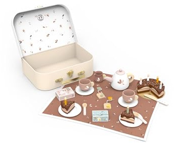 SPEEDY MONKEY Birthday Tea Set for Kids–FSC Wooden Pretend Play Tea Party & Food Set with Teapot, Cups, Cake & Tea Bag–Toddler Girls Imaginative Role Play Kitchen Toy–Colourful Gift for Dollhouse