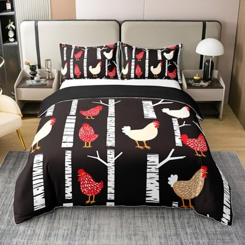 Loussiesd Kinder Huhn Baumwolle Bettwäsche Set 135x200cm Rustikal Bauernhof Tier Tür Betten Set Mädchen Jungen Bauernhaus Küken Bettbezug Set Vier Jahreszeiten,1 Bettbezug mit 1 Kissenbezug