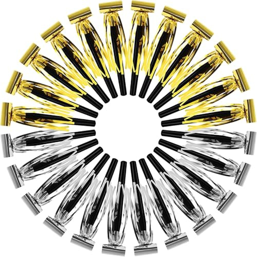 Party Blowers, Party Whistles, 24Pcs Gold Silver Fringed Party Noise Maker for Adults and Kids, Party Horns for Birthday New Years Party Favors Baby Shower Wedding Sporting Events, for 14+ Years Old