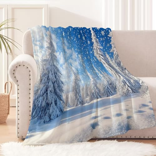 Kuscheldecke Flauschi - 3D Gedruckte Flanell Fleecedecke Winterlandschaft Mit Schneeflocken Muster Weiche Und Warme Wohndecke, Weihnachten Decke Als Sofadecke, 150X200Cm Tagesdecke Wolldecke Für Ki