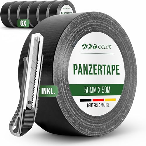 ART COLOR Panzertape Schwarz 50mm x 50m, 6 Rollen inkl. Cuttermesser - Extra Starkes Panzerband mit langanhaltender Klebekraft, Ideal für Innen & Außen Anwendungen (6)