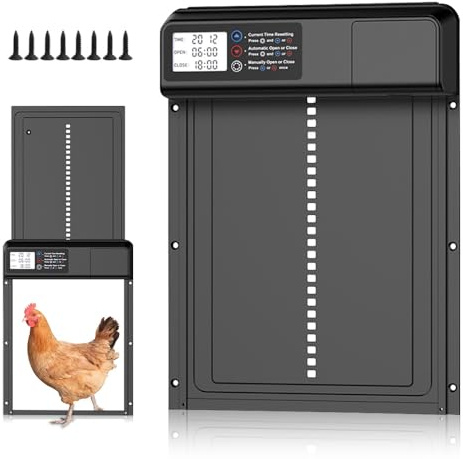 KUWUNG Automatic Chicken Coop Door, Timer Switch Chicken Coop Door LCD Screen, IP45 Waterproof Automatic Hen House Door with Anti-Pinch Design, Electric Chicken Coop Door, Safe Chicken Keeping