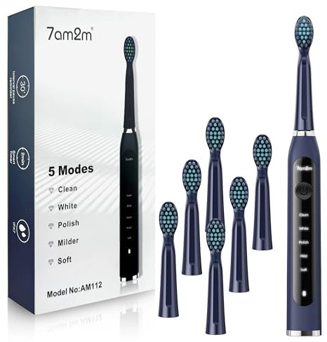 7AM2M Sonic Electric Toothbrush for Adults High Power Rechargeable Toothbrushes with 6 Brush Heads,5 Adjustable Modes, Built-in 2-Minute Smart Timer,3 Hours Fast Charge for 45Days (Blue)