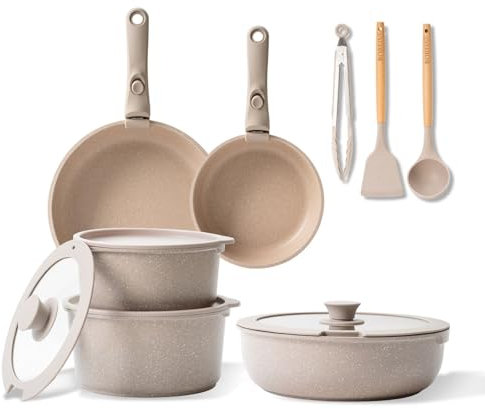 BOREINE Batteria Pentole a Induzione 14 Pezzi – Set Pentole Induzione Antiaderente con Manico Removibile, Batteria Pentole Induzione Removibile, Compatibile Gas, Forno e Tutti i Piani Cottura, Marrone