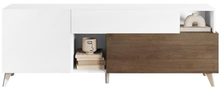 AltoBuy Carlo - Meuble TV 2 Portes 1 Tiroir Laqué Blanc et Aspect Bois Finition Mercure