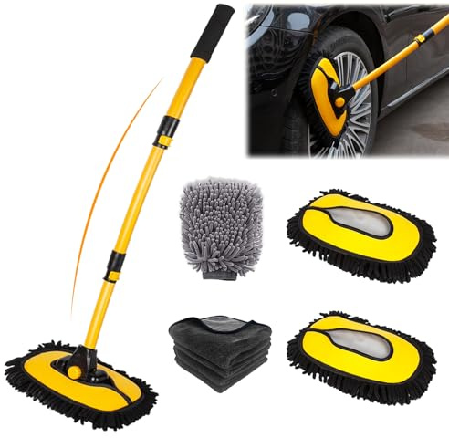 Autowaschbürste mit 3 Absätze Teleskopstiel, 15° Bogen Auto Waschbürste Set mit Mikrofaser Auto Waschbürstenüberzug ×2, Mikrofasertücher x1, Waschhandschuh x1, für RV Trucks Wohnwagen Wohnmobil (A)