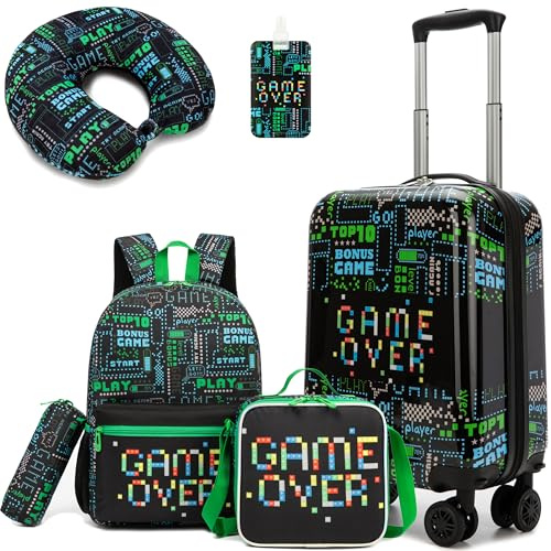 HTgroce 6 st 16 tums barnresväska och ryggsäck med nackkudde, lunchväska, resväska, pennfodral, handbagage för barn med 4 360° hjul, resväska, B-spel över, 31 x 19.5 x 40.5 cm