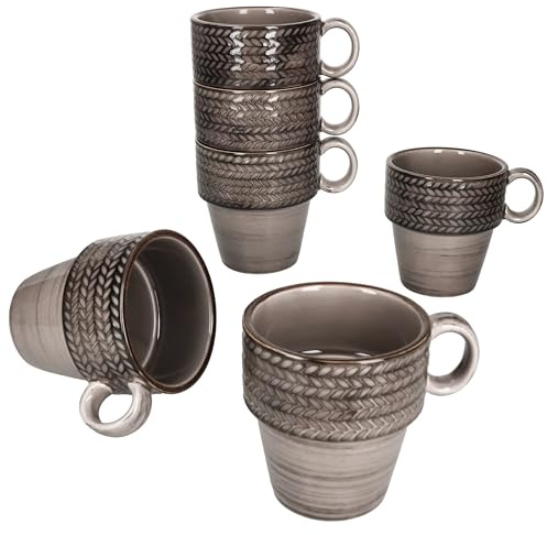 MÄSER Prospero Lot de 6 tasses à café, empilables, 290 ml, en porcelaine, marron, avec anse et relief, pour 6 personnes, pour boissons chaudes comme le thé, le cacao, etc