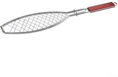 Allthingstore Griglia per pesce in acciaio inox con manico in legno, grande cestino per barbecue per cucinare all'aperto, rete per barbecue
