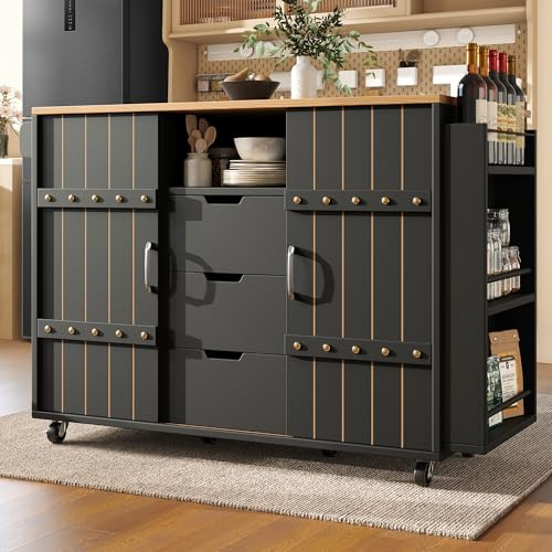 Wyibwy Carrello da cucina 110x42x90cm,isola da cucina su ruote con piano di lavoro pieghevole,isola da cucina con porta spezie e portasciugaman,carrello da pranzo con ante scorrevoli e cassetti,Nero