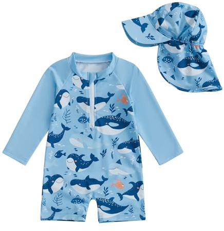 Geagodelia Newborn Baby Boy Swimming Costume with Sun Hat Long Sleeve Zip Up Swimsuit Sun Protection Swim Wetsuit Rash Guard Swimwear One Piece Bathing Suits (Whale Blue, 12-18 Months)