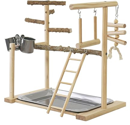 Parrot Fun Station - naturlig repram, brädspel | flera nivåer stående sving med klockkoppar, engagerande fågellekplats för parakiter, små papegojor