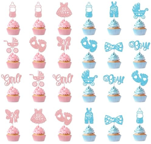 ZORVYN 24 Stück Gender Reveal Tortendeko Babyparty, Baby Boy or Girl Deko Kuchen, Baby Shower Cupcake Topper, Tortenstecker für Taufe, Gender Reveal Party Deko (Blau, Rosa)