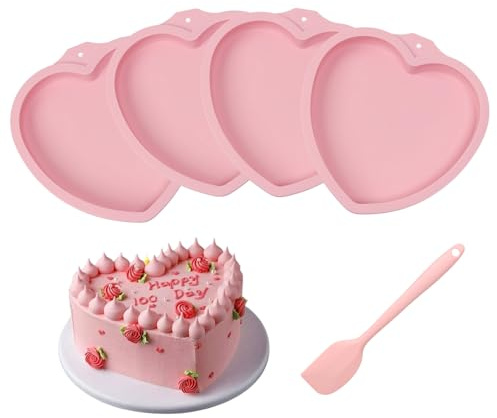 Minnhua 4PCS Silikon Backform Herz 20cm Kuchenform Herz Tortenform Silikon Herzbackform Silikonformen Backen Schichtkuchen Backform mit Kuchenschaber für 8 Zoll Regenbogenkuchen Schichtkuchen Rosa