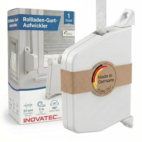 INOVATEC Rollladen Gurtwickler Aufputz Mini inkl. 5m Gurtband – Weiß | Aufschraubwickler 180° schwenkbar | Einfache Montage für Rolllade, Fenster & Jalousie | Hochwertiger Kunststoff | LA 155mm