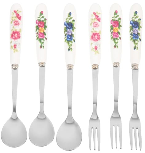 JECOMPRIS Cucharas y Tenedores para Postres de Acero Inoxidable con Mango de Cerámica Resistentes al Desgaste Multifuncionales para Mezclar y Servir Aperitivos Diseño Delicado y Cómodo para