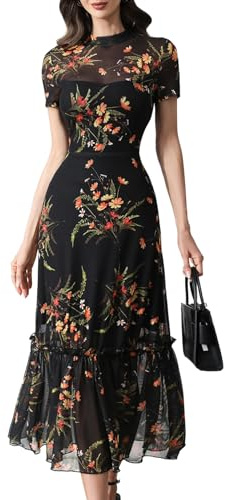 GothDark Women's Summer Maxi Dress Floral Mesh A Line Short Sleeve Casual Boho Gothic Party Wedding Guest Long Dress