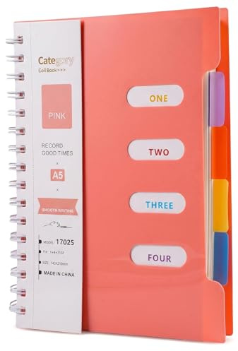 Cuaderno Espiral A5 Linea de 240 Páginas/120 Hojas, 80g/M² Libreta (Rosa) | con Separadores de 4 Color, 14,3 x 21cm Libretas Espiral Tapa Dura de PVC para Estudiantes, Escuela, Oficina, Estudio